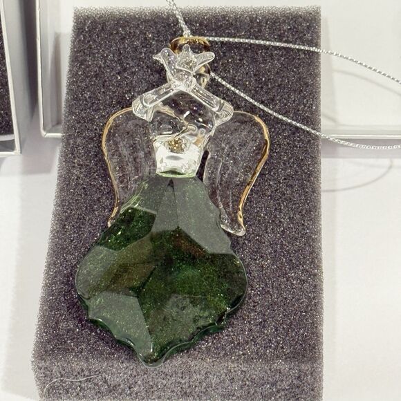 Glass Angel Ornament Green Crystal Gold Trim Praying Figurine Gift Boxed - Picture 11 of 16